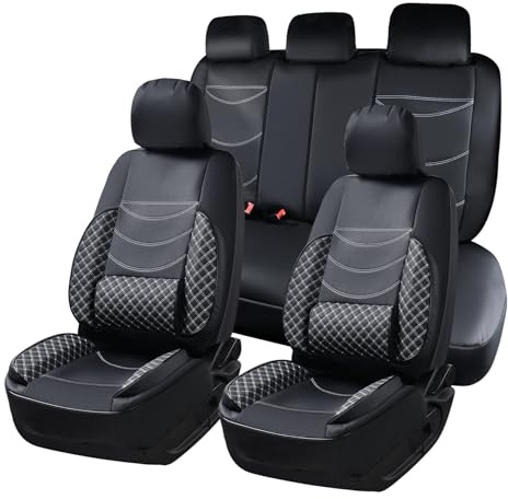 Chifeng Universell Wasserdicht Napa Leder sitzbezüge Komplettes Set mit Lendenwirbelstütze Fit für SEAT Altea Arona Ateca Ibiza Leon Tarraco (Schwarz)