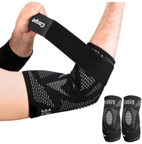 Caspe 2 Pack Elbow Compression Sleeve with Strap – Compression Sleeves for Women & Men, Arm Support, Elbow Brace for Tendonitis Relief, Support for Weightlifting & Workouts (Black, Large)