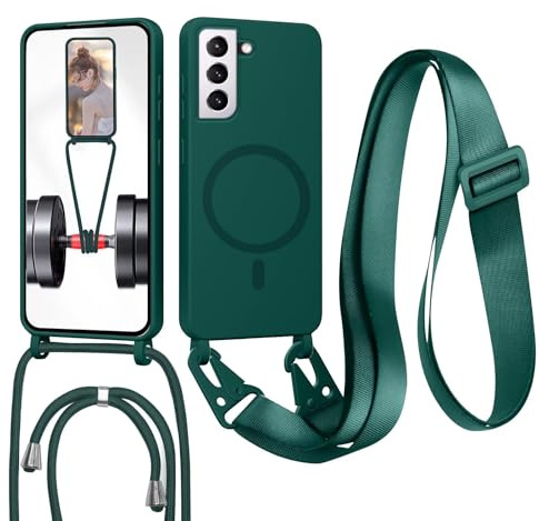 GoodcAcy Handykette Hülle für Samsung Galaxy S21 mit Band Halsband Lanyard (abnehmbar) Handyhülle, Kordel zum Umhängen,Magnetisch Stoßfest Silikonhülle Wireless Charging kompatibel,grün