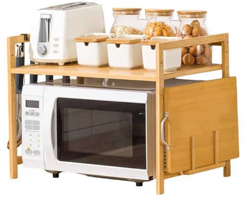 Hbbgdiy 22x14x16.5 Inch Dual Layer Bamboo Microwave Oven Rack Stand with Cutting Board Slot, 4 Hooks and Spice Shelf for Kitchen Countertop Organization