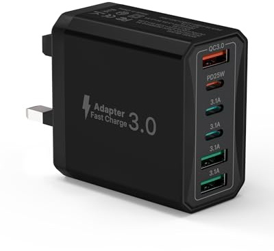 USB C Plug Fast Charger, 6-Port 55W Multi USB Plug UK with Power Adapter +QC Wall Plug Multiport Mains, 3 Type C+3 USB A Ports Charging Plug for iPhone 16 15 14 13 12 11 Pro Max Plus XS XR SE,Samsung