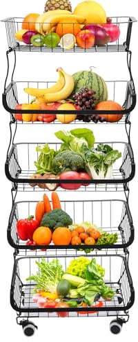 Cestini da cucina, a 5 ripiani, per frutta e verdura con ruote bloccabili, con ciotola per l'acqua, può essere utilizzato in cucina, soggiorno, bagno, ecc.