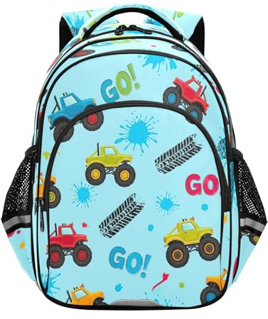 RPLIFE Kinder-Schulrucksack für Jungen und Mädchen, Cartoon-Monster-Trucks, leicht, 38,1 cm