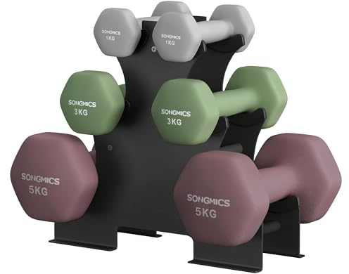 SONGMICS Hantelset Hexagon med hantelställ 2 x 1 kg 2 x 3 kg 2 x 5 kg Matt finish Neoprenbeläggning Styrketräning Hem Ljusgrå Murgröngrön Vinröd SYL618MZ02