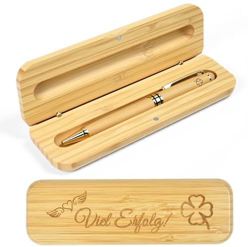 Zuxbolf Holzkugelschreiber mit Gravur Viel Erfolg Geschenk personalisiert | Kugelschreiber und Holzbox mit Gravur Holz Stift Druckkugelschreiber für Prüfung Lehrer Schule Kollegen Abschiedsgeschenk