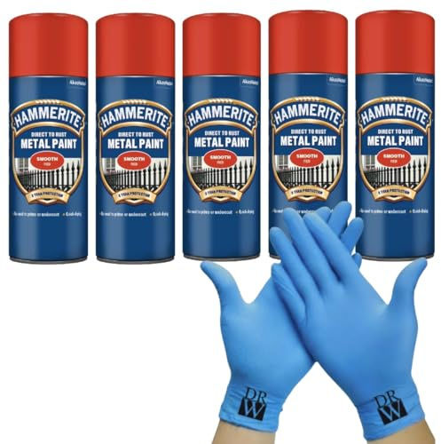 Hammerite Direct to Rust Metal Spray Paint Smooth Red 5X 400ml + Free Nitrile Gloves | Fast-Drying Aerosol, Durable Rust Protection for Indoor & Outdoor Metal