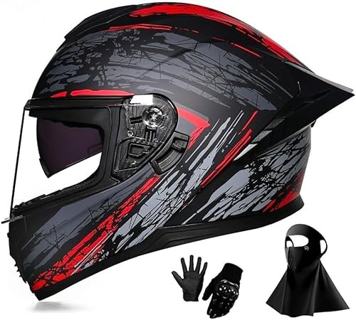 Caimcie Motorradhelme für Erwachsene Männer und Frauen, Leichter Integralhelm für Straßenrennen, DOT/ECE-Zulassung mit ultraklarem schwarzen Visier, Handschuhen und Maske F,XL=59-60cm