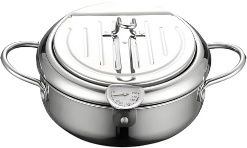 Packool Japanese 304 Stainless Steel Deep Fryer Pot, 2.2L Tempura Fryer, Oil Strainer with Thermometer, and Heat-Resistant Handles, for Home Cooking, Frying Tempura, and More
