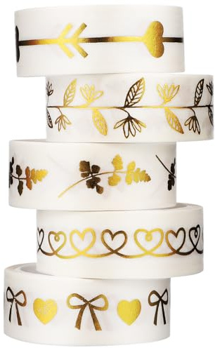 PHENOFICE Dekoratives Washi Tape Stark Haftend und Leicht Ablösbar 5 Rollen Zufälliger Stil mit Goldfolien Prägung aus Papier für Scrapbooking und Tagebuchgestaltung