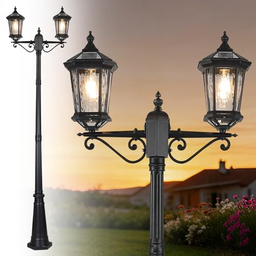 TIGKHAE Solar Post Lights Two E26 Lamps Holder with Remote and Automatic ON/Off,Solar Powered Outdoor Waterproof High Pole Standing Lamp Lighting for Outside Path,Yard,Garden,Lawn,Street,94.5In Black