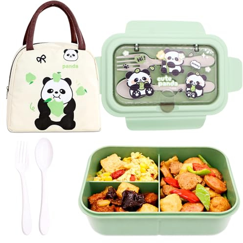 WFKKMEQ Panda Lunch Box, Leakproof Bento Box Set with Lunch Bag Utensils Lunchs Container Lunchbox Portability Snack Boxes Lunch Boxs with Compartments for Picnic, School, Travelling