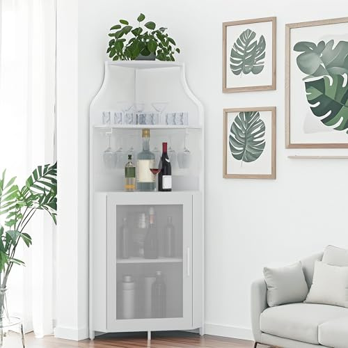 JOLLYTOP Barschrank, Weinschrank mit Gläserregal, 5-stöckiges Spirituosenregal mit Türen, Eck-Weinregal, Bar-Sideboard, für Esszimmer, Wohnzimmer, Küche, Weiß, ohne LED-Beleuchtung