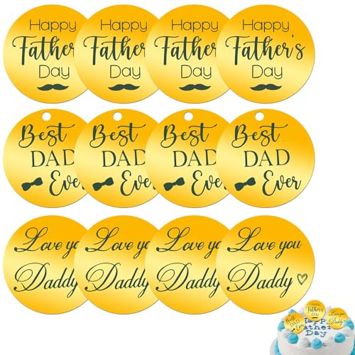 12 Pcs Happy Father's Day Cupcake Toppers, Round Mirror Acrylic Dessert Cake Decorations, Engraved Happy Father's Day Cake Toppers for Dads Birthday Baking Dessert Décor Accessories