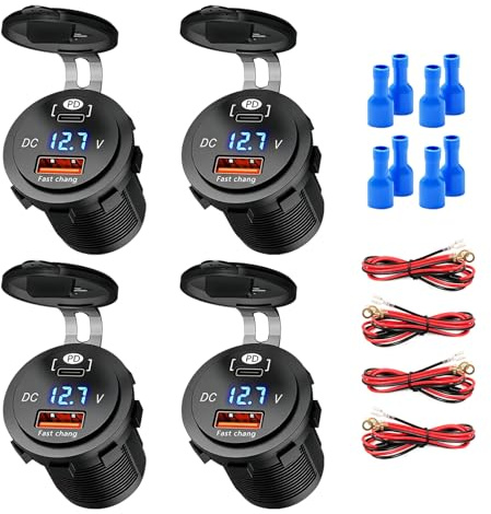 4 Piezas Toma USB de 12V/24V, Cargador de Coche USB de 52.5W y 2 Puertos con Voltímetro LED, Toma Impermeable de Aleación de Aluminio para Barcos, Autocaravanas, Camiones, Motos