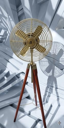 Vintage Nautical Brass Floor Fan – Decorative Tripod Stand – Retro Industrial Style Wood & Metal Cooling Fan for Home and Office Decor