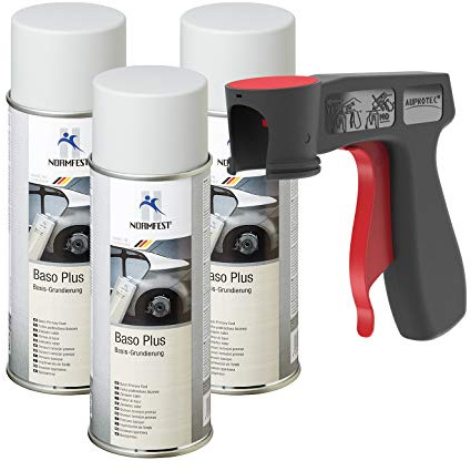 AUPROTEC Pistolengriff + Grundierung Haftgrund Füller Baso+ Lack Rostschutzgrundierung Spray grau 3x 400ml