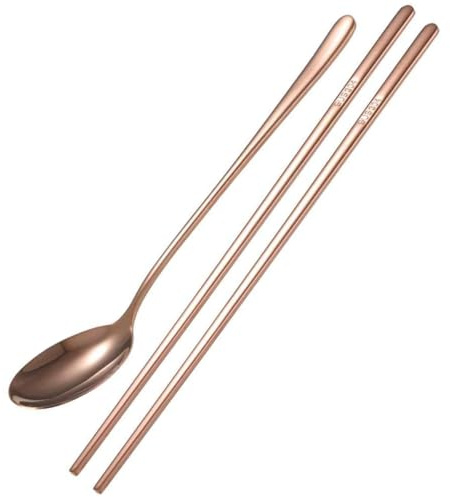 VIFER Essstäbchen Löffel Set, Edelstahllöffel Koreanische Edelstahl Essstäbchen und Löffel Set Besteck Geschenk (Rose Farbe)