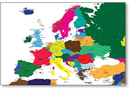 Postereck - 0937 - Politische Karte, Europa Länder Kontinent Bunt - Unterricht Klassenzimmer Schule Wandposter Fotoposter Bilder Wandbild Wandbilder - Leinwand - 100,0 cm x 75,0 cm