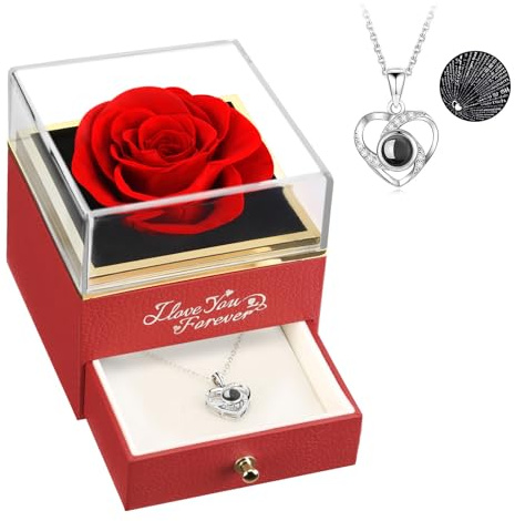 ASELFAD Preserved Real Rose with Heart Necklace -I Love You Forever Eternal Rose for Her, Mothers Day Flowers Gifts for Mom, Wife, Anniversary or Birthday Gifts for Women, Red