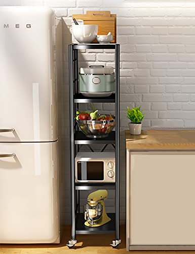 5 Stufige Küchenwagen Klappbar mit Rad, KüChenspalt Lagerregal Rollwagen, Bodenstehendes BüCherregal FüR Das GaragenbüRo Wohnzimmer/Schwarz / 152x45x45cm