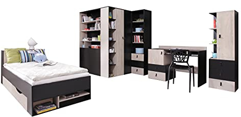 Mirjan24 Kinderzimmer Set Cinga II, im Set: Eckkleiderschrank, 2X Regal, Schreibtisch, Kinderbett, komplett (Schwarz/Eiche/Beige, mit weißer LED Beleuchtung)