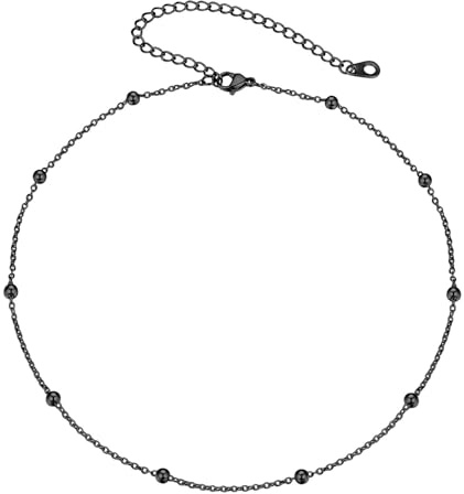 FOCALOOK Collier Ras du Cou Chaîne Femme Noir en Acier Inoxydable Chaine Interbilles Courte de 35+9cm Ajustable Choker Women Bijou Cadeau pour Femmes avec Boît