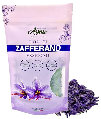 Armu - Fleurs de Safran Italien Séchées 10g – Pétales 100% Naturels – Récoltés à la Main – Comestibles, pour Infusions, Décoration, Cosmétique et Pot-pourri