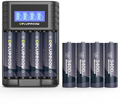 Delyeepow 1.5V AA Lithium rechargeable batteries, 8-Pack with LCD Charger
