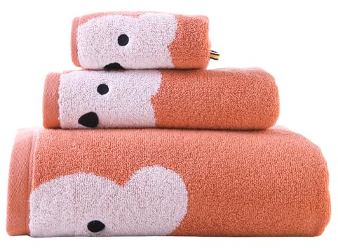 KINGSHORE 3 Piece Premium Bath Towel Set for Kids(Naughty Bear), 1 Bath Towel 1 Hand Towel 1 Washcloth, Quick-Drying, 100% Cotton,Oeko-TEX Certified (Red)