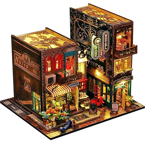 CRIOLPO Book Nook Kit-DIY Puppenhaus Holz Miniatur Haus Kit, Buch Ecke Miniatur Kit für Erwachsene Teens, 3D Holzpuzzle Bücherecke Bücherregaleinsatz Kits mit Sensor Led Licht -Straßenecke