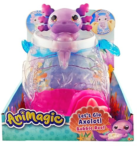 Animagic - Let's Glo Axolotl Aquarium - Interaktives Spielzeug für Kinder ab 4 Jahren - Zum Tragen des elektronischen und beleuchteten Haustieres - Inklusive Aquarium und einem Lila Axolotl