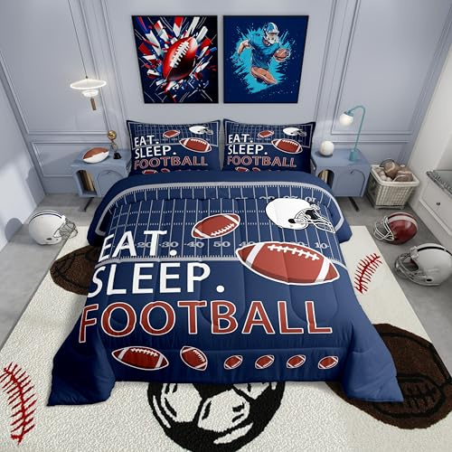 Feelyou Rugby Comforter Set Twin Size Football Field Bedding Set for Kids Boys Girls Decor Ball Games Comforter Microfiber Navy Blue Quilt Set Bedroom Bedclothes