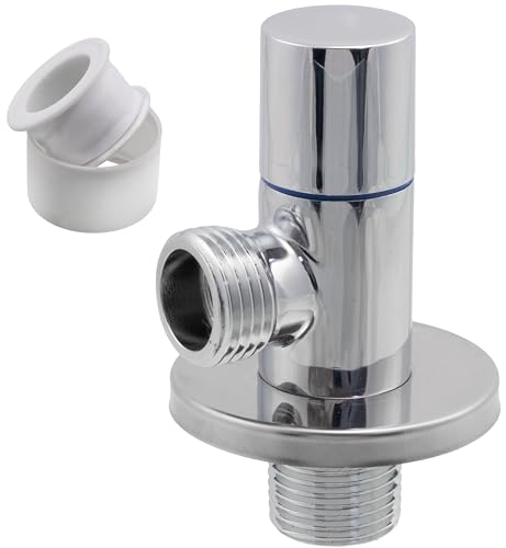 AERZETIX - C74947 - Valvola d'arresto ad angolo 1/2x1/2 + rosetta e guarnizione in PTFE con maniglia rotonda - in ottone e rivestimento nichelato - raccordo rubinetto acqua lavello bagno cucina