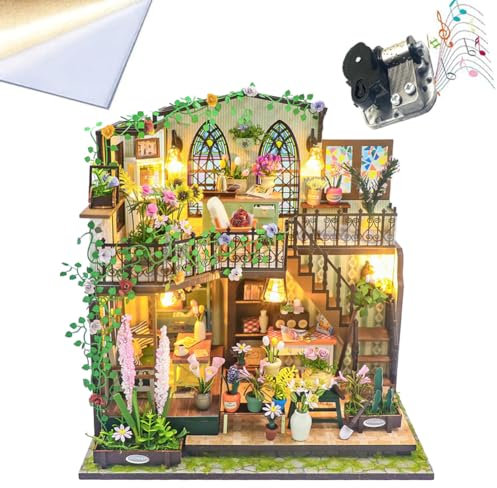 Kit per casa delle bambole, serra fai da te in miniatura, con luce LED, modellino in legno per adulti, casa dei fiori, regali per amici (con copertura antipolvere)