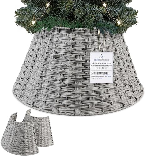 DECO EXPRESS Weihnachtsbaum Rock, Geflochtener Korb für Tannenbaum, Abdeckung Christbaumständer, Deko für Weihnachten, 28.5 x 30 cm (Grau, Top 28.5cm/Base 50cm)