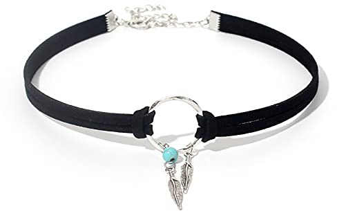Faruodis Collier ras du cou en cuir avec plumes de style bohème - Collier en turquoise avec perles et feuilles - Chaîne de collier avec franges en bijouterie pour femmes, 38cm/15in, Simili cuir Métal