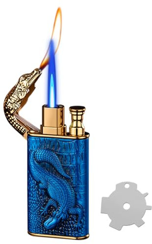 CYJBAO Jet Lighter - Dual Flame (Jet & Soft) Stylish Embossed Craft, with Adjusting Flame Tool, Windproof Refillable Butane Lighter, for Men & Women(Without Butane)-Blue