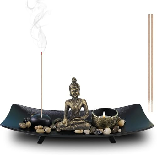 Buddha Figure and Incense Holder in Zen Garden, Zen Garden Miniature with Incense Sticks Holder for Meditation, Home Decor and Office Decoration, Can Make People Relaxed