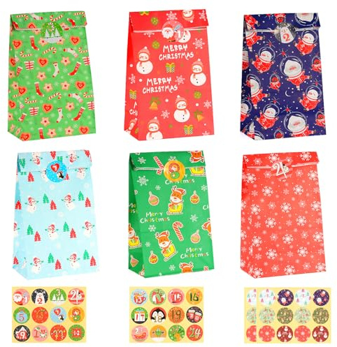 CHEPULA Papiertüten Weihnachten, Adventskalender 2025 Zum Befüllen, 24 Stück Klein Weihnachtstüten, Kinder Weihnachts Geschenktüten, Adventstüten zum Befüllen, Bunt Papier Geschenk Tüten für Xmas