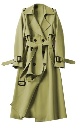 Trench-Coat de Couleur Unie pour Femme Trench-Coat Mince avec Bouton de Ceinture Veste Longue d'extérieur Veste Trench-Coat à Revers à Double Boutonnage (Vert,XXL)