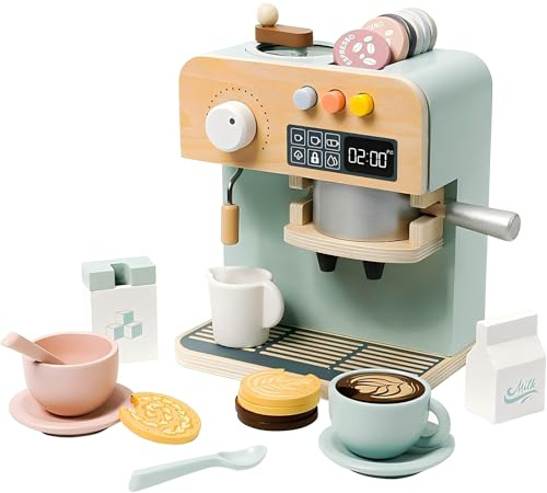 JugueteLand Kids Coffee Maker Playset, 23PCS Wooden Kitchen Toys, Play Kitchen Accessories for Toddler, Espresso Machine Playset, Gift for Boys and Girls 3 4 5 Years