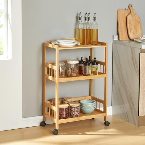 [en.casa] Carrello da Servizio Portavivande in Bambù Carrellino a 3 Ripiani Carrello da Portata per Cucina Soggiorno 80 x 53 x 30 cm Naturale