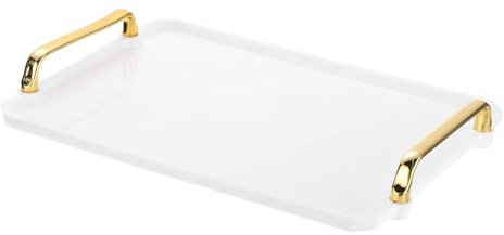 PATIKIL 12 x 8,6 Zoll Kunststoff-Serviertablett mit goldenen Griffen, wiederverwendbares Tablett rechteckige Partyplatten für Dessert Kaffee Teetisch, Weiß
