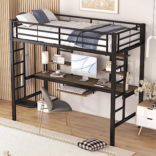 Kebnor Hochbett, 90 * 200 cm, Bettgestell Metallbett, Eisenbett, Hochbett mit Schreibtisch und Zwei Bücherregalen für Kinder, Jugendliche und Erwachsene (schwarz)