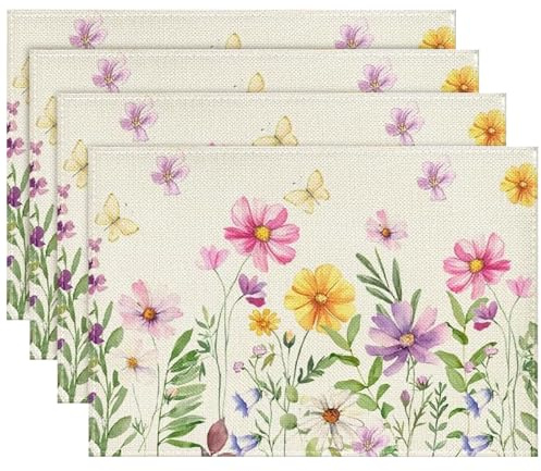 Set di 4 tovagliette con fiori, 30 x 45 cm, per primavera, fiori e farfalle, tulipano Lavanda, tovagliette in tessuto, lavabili per cucina, sala da pranzo, campeggio, feste (A)