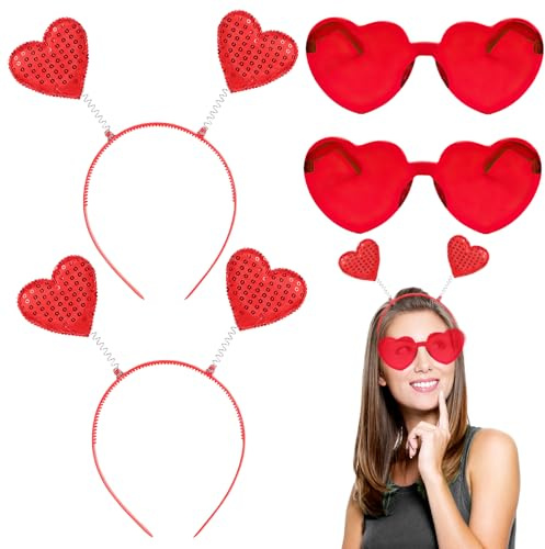 HFMYGS 2 Stück Randlose Herz Brille, 2 Stück Liebe Herz Haarreifen, Amor KostüM Damen, Valentinstag Herz Sonnenbrille Rot, Damen Love Shaped Sunglasses, Für Valentines Party, Faschingsparty