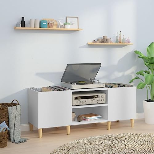Gecheer Mobiletto Porta Dischi Bianco 121x38x48 cm Legno Massello