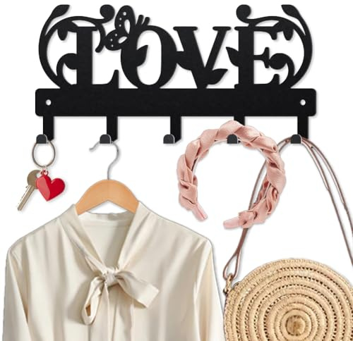 MAYJOYDIY LOVE Libellen Schlüsselhalter für Wand 25×12cm Weinblätter Metall Kleiderhaken Wand mit 5 Haken Modern Schlüsselbrett für Flur, Eingangsbereich, Küche, Badezimmer (Schwarz)