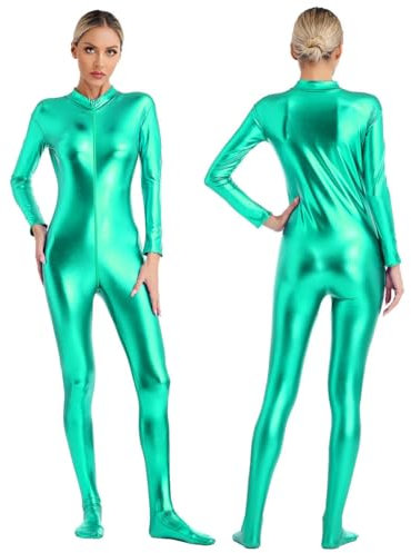 XINLIANYI Damen-Jumpsuit, metallisch, glänzend, langärmelig, Reißverschluss vorne, Ganzkörper-Einteiler, Strumpfhose, Body, Disco, Rave, Party, Poledance, Clubwear, grün, XXL
