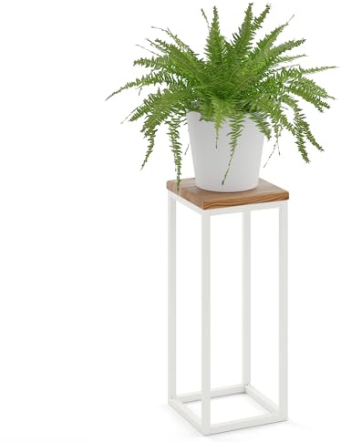 LAMO Manufaktur Blumenständer Weiss Metall | Pflanzenständer Holz mit Dunkel Farbe | Blumenhocker groß 50 cm für Zimmerpflanzen | 100% Echtholz | Sockel für Skulpturen